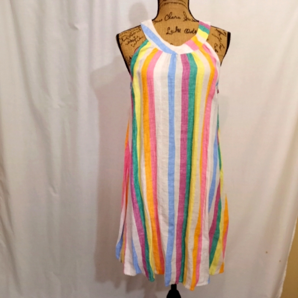 NWT 100% LINEN RAINBOW STRIPED DRESS SMALL - Picture 1 of 6